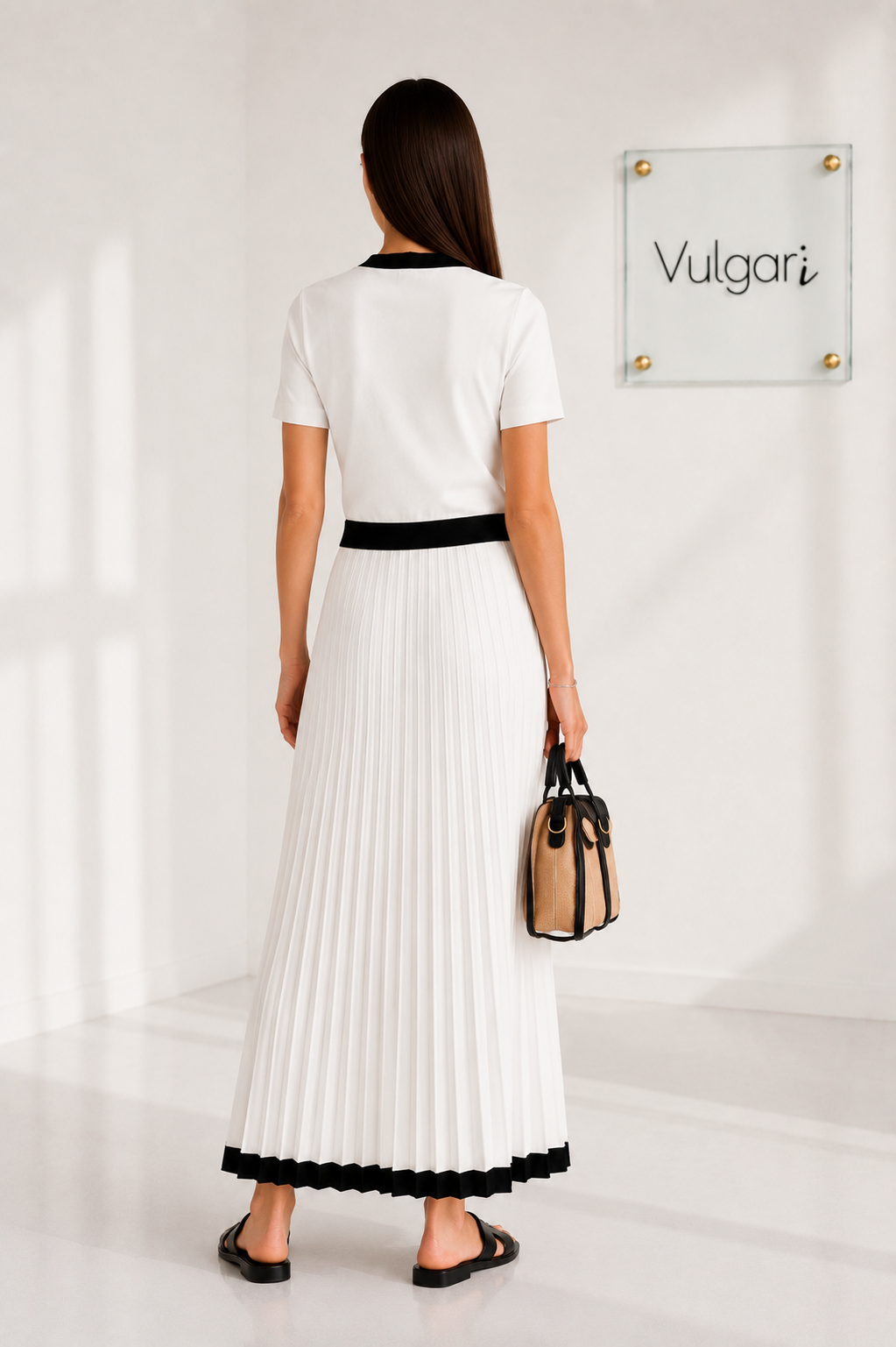 Compleu Damă Elegant Alb-Negru, Bluză cu Nasturi Perla și Fustă Maxi Plisată, Set 2 Piese