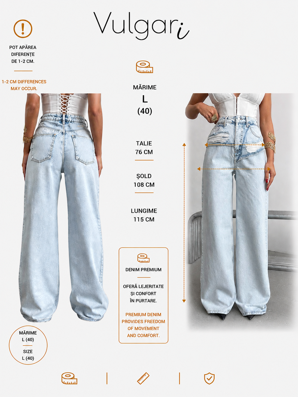 Set Damă Denim Vulgari, Top Corset din Blugi și Pantaloni Wide Leg, Talie Înaltă, Albastru Deschis