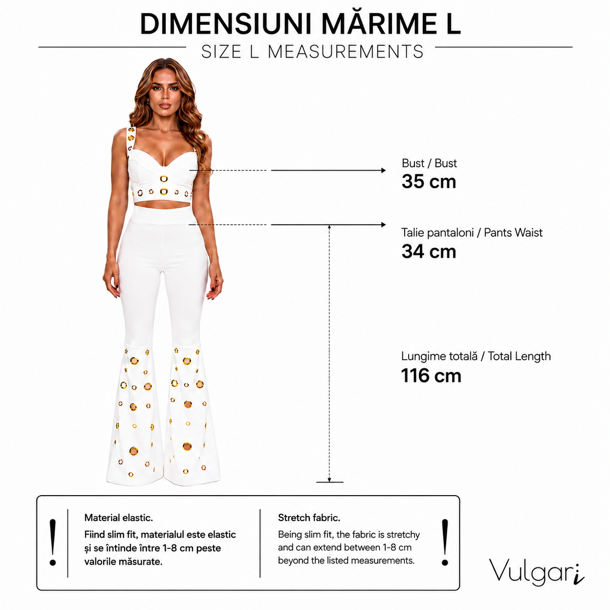 Compleu Damă Elegance Gold, Alb, Top și Pantaloni Evazați cu Detalii Aurii