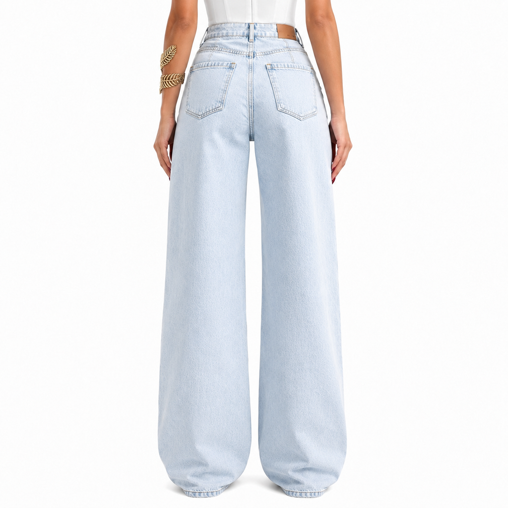 Blugi damă Wide Leg, talie înaltă, albastru deschis, design asimetric cu detalii distressed