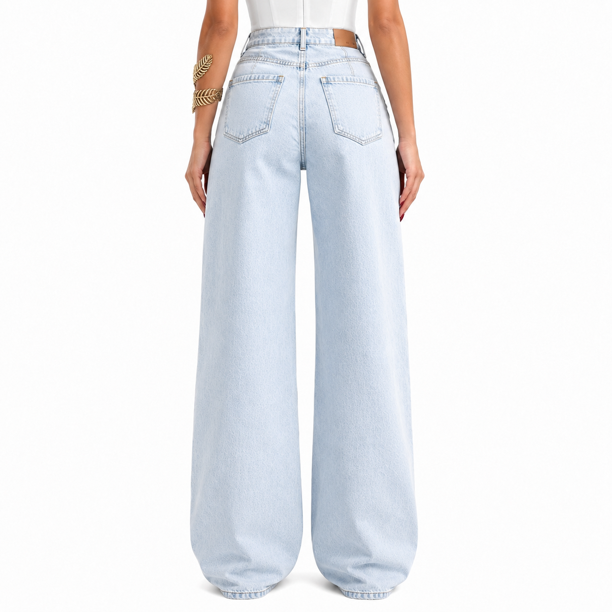 Blugi damă Wide Leg, talie înaltă, albastru deschis, design asimetric cu detalii distressed