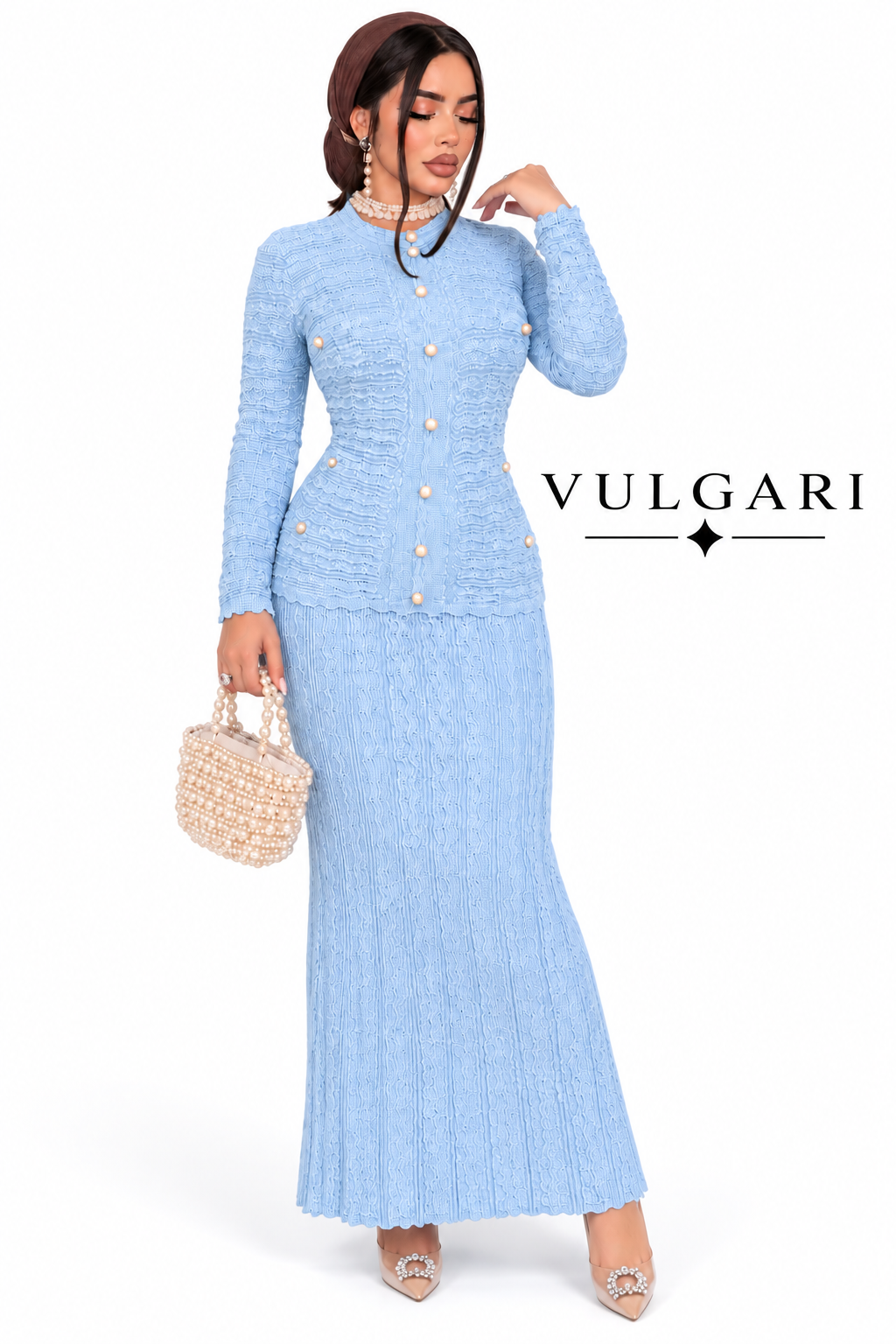 Rochie maxi bleu texturată cu nasturi perlați