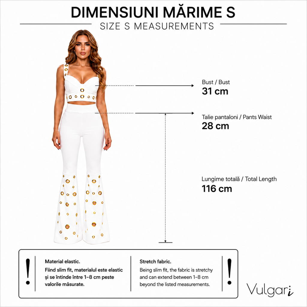 Compleu Damă Elegance Gold, Alb, Top și Pantaloni Evazați cu Detalii Aurii