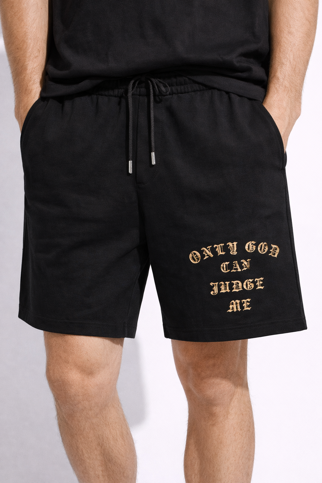 Compleu Casual Oversize Negru Bărbați – Tricou și Pantaloni Scurți Print Only God Can Judge Me