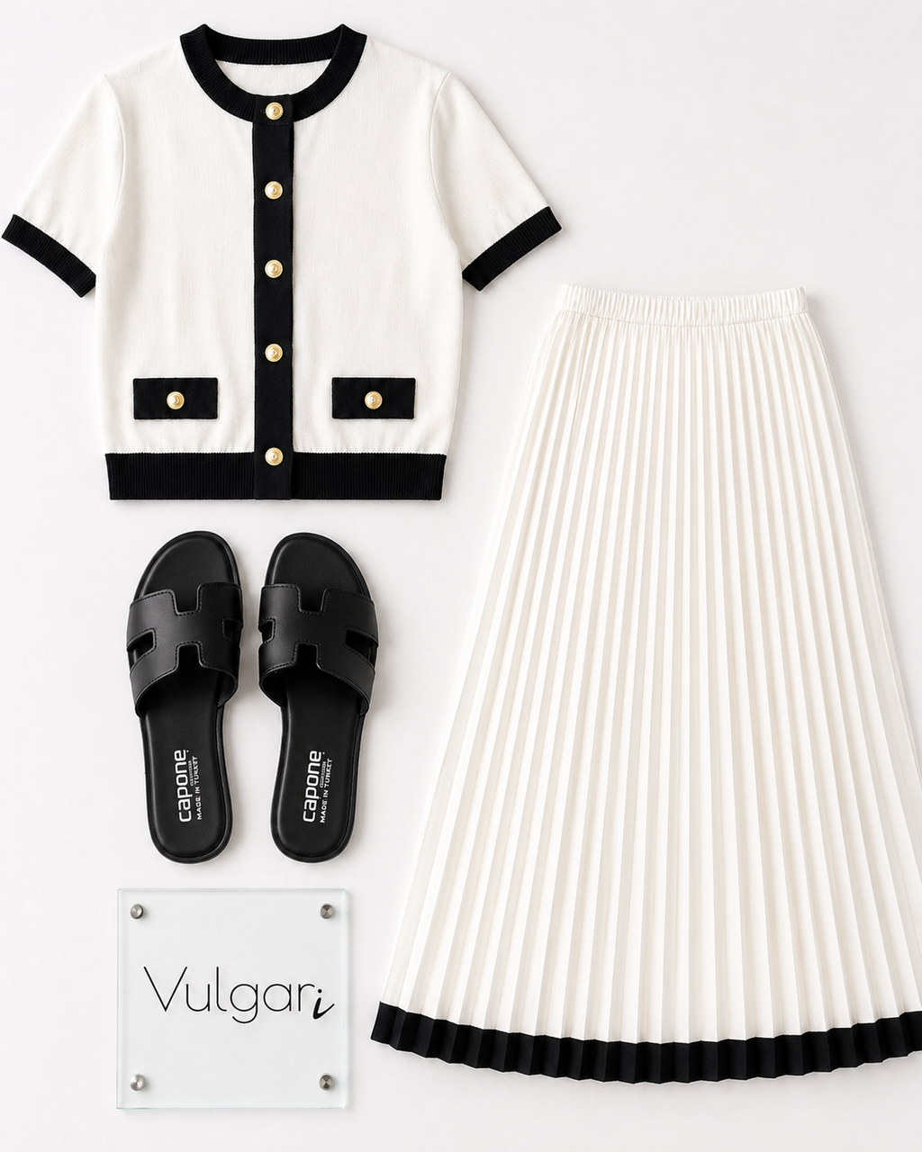 Compleu Damă Elegant Alb-Negru, Bluză cu Nasturi Perla și Fustă Maxi Plisată, Set 2 Piese