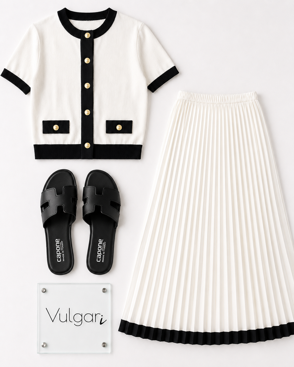 Compleu Damă Elegant Alb-Negru, Bluză cu Nasturi Perla și Fustă Maxi Plisată, Set 2 Piese