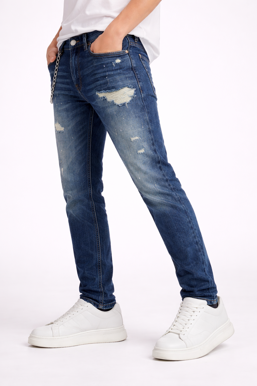 Blugi Bărbați Regular Fit Albastru Distressed cu Lanț – Jeans Streetwear Modern