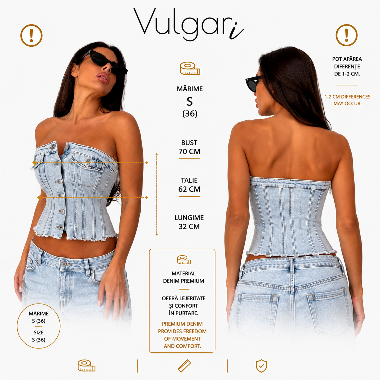 Top damă tip corset din denim, fără bretele, albastru deschis, cu nasturi frontali