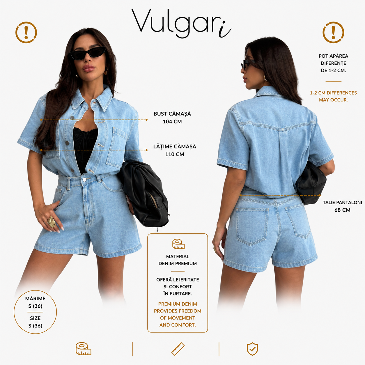 Compleu damă denim 2 piese, cămașă oversized și pantaloni scurți cu talie înaltă, albastru deschis