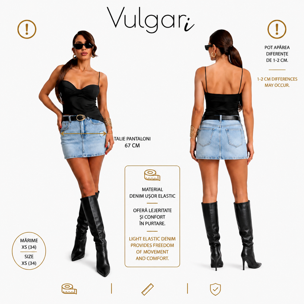 Fustă-pantalon damă denim (Skort), talie înaltă, albastru deschis, cu pantaloni scurți integrați