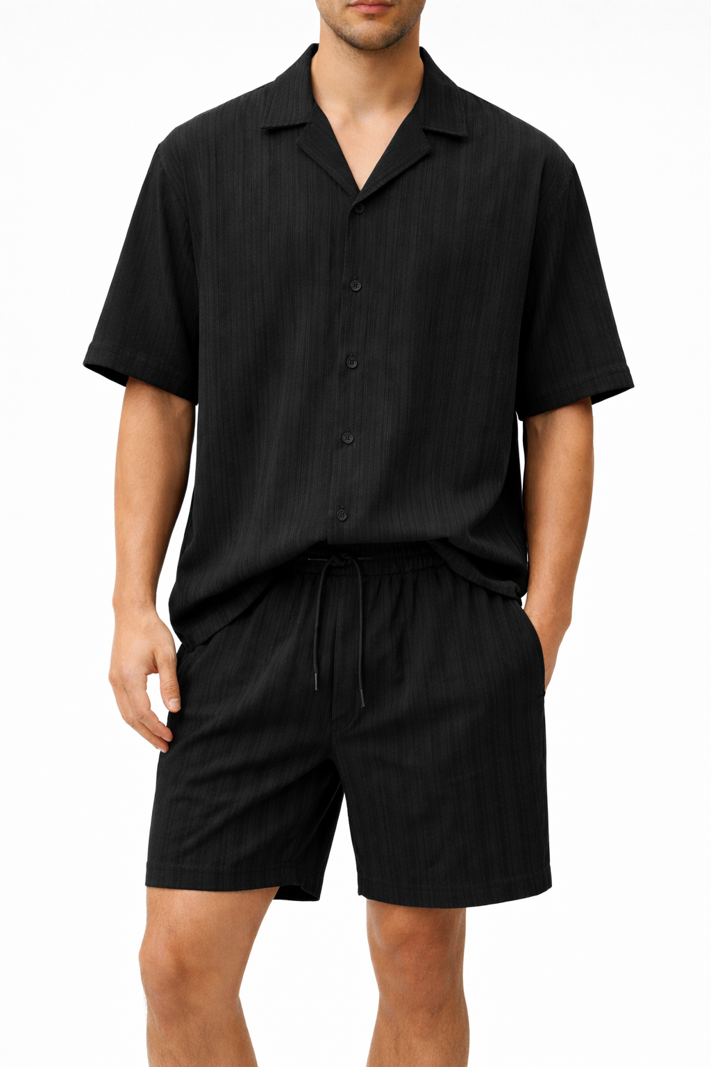 Compleu Bărbați Vară Cămașă și Pantaloni Scurți Casual Două Piese Crem sau Negru