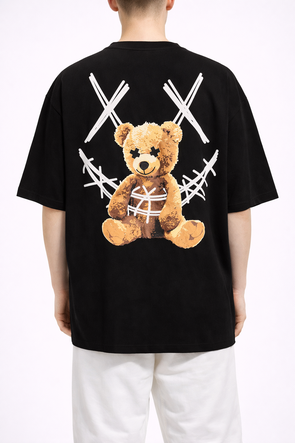 Tricou Oversize Negru Bărbați – Bear Teddy Print Streetwear