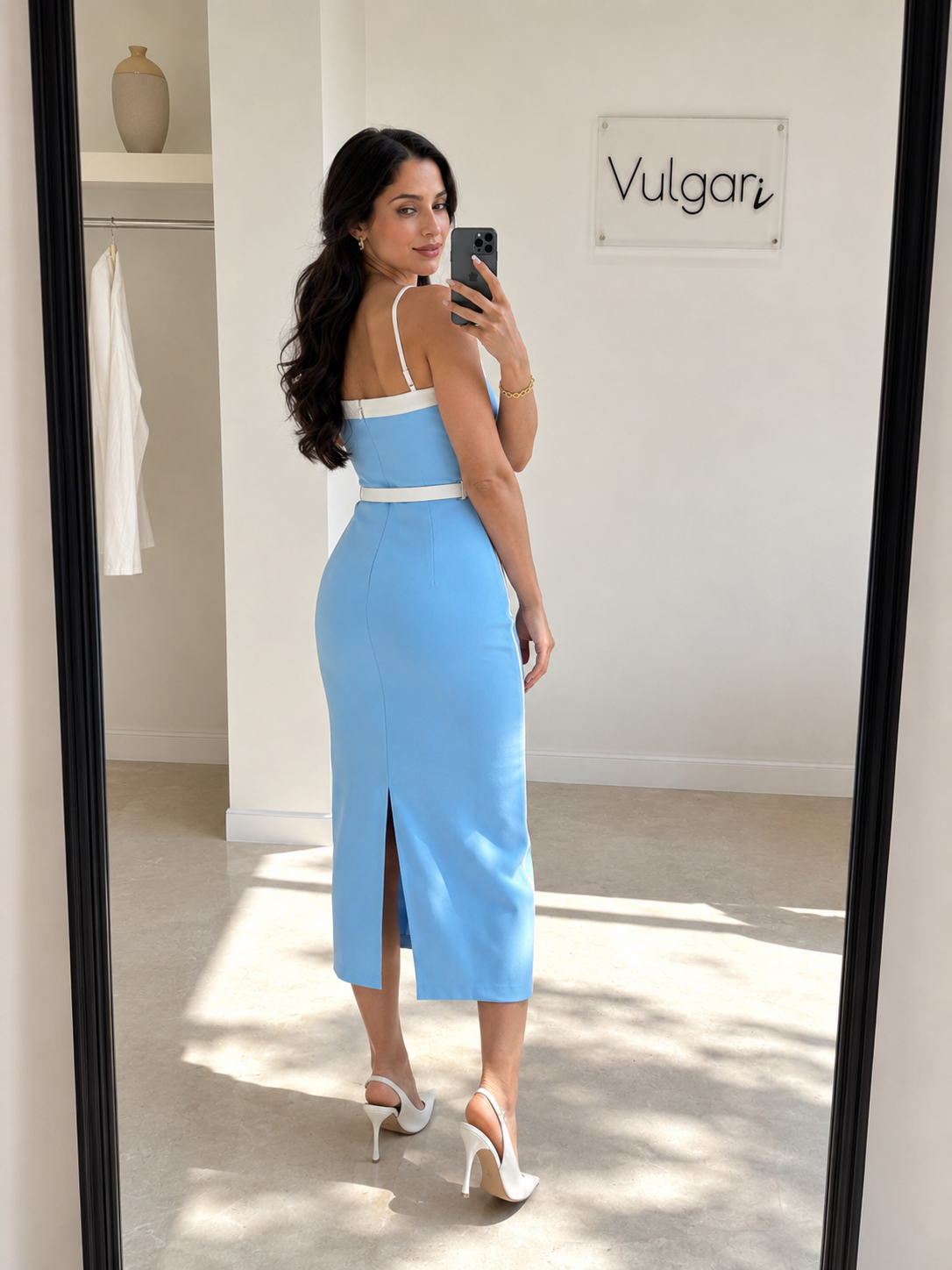 Rochie midi damă elegantă alb-albastru cu curea în talie