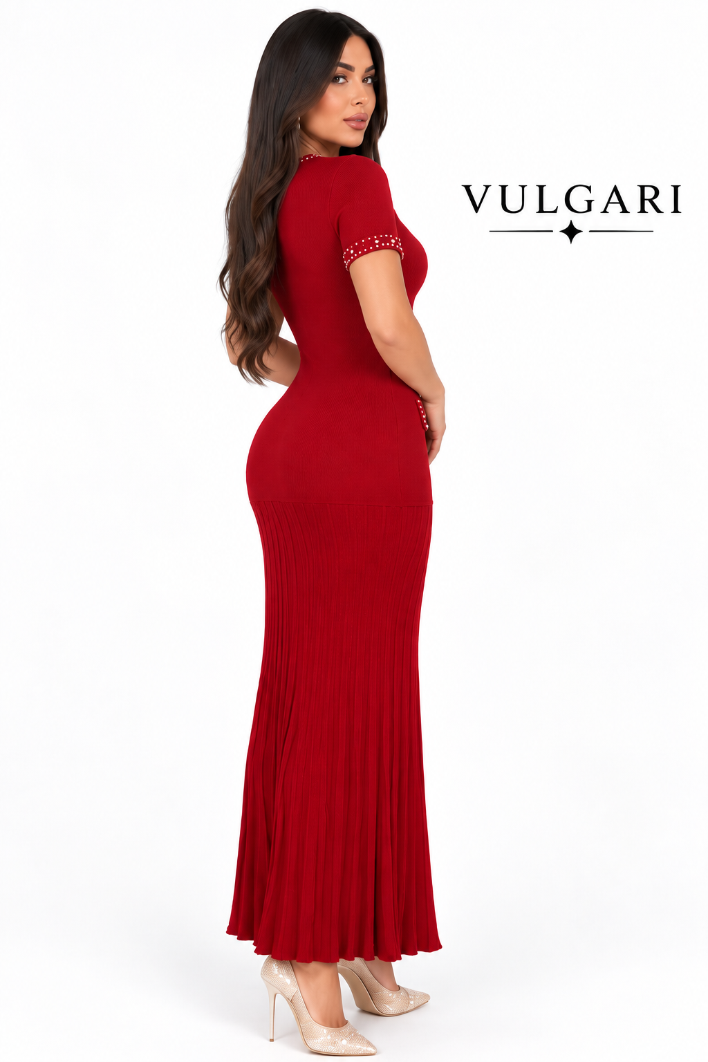 Rochie maxi roșie cu perle decorative