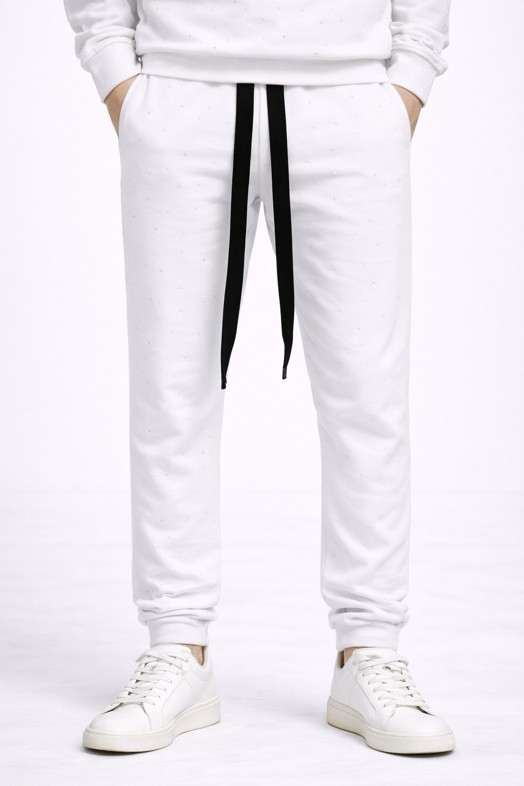Trening Unisex Alb cu Pietre – Hanorac și Pantaloni Oversize Casual