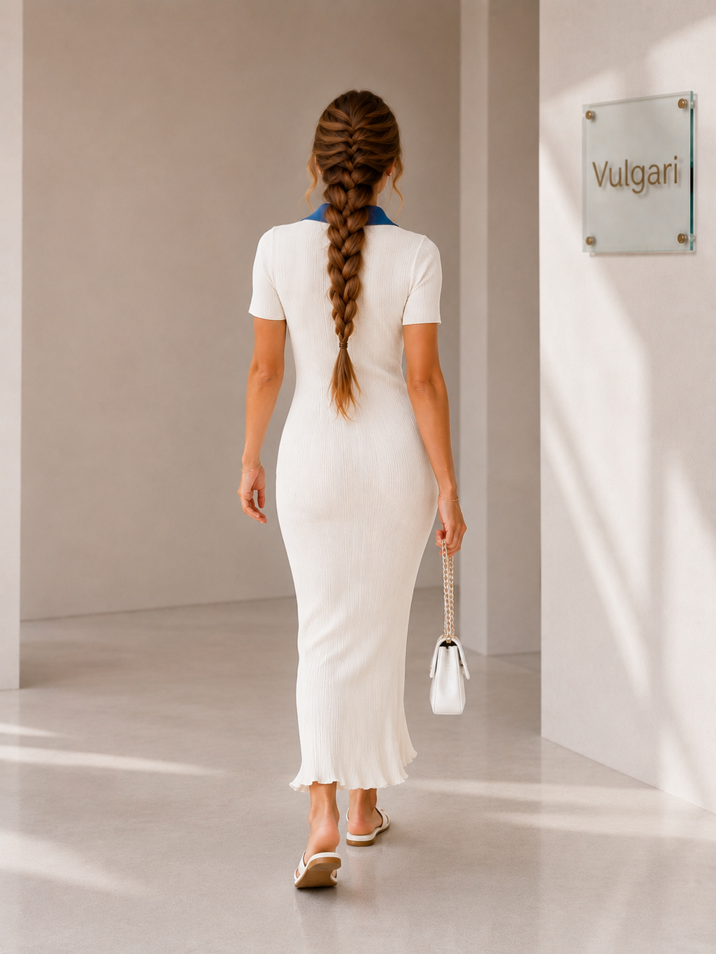 Rochie Lungă Damă Albă cu Guler Bleu, Croială Mulată, Nasturi Aurii, Elegantă de Vară