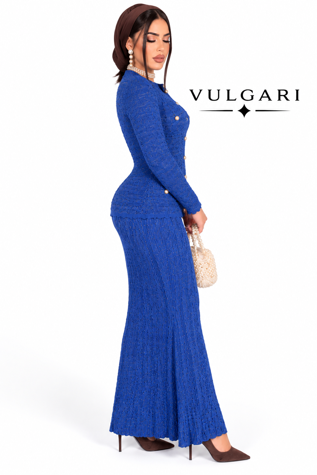 Rochie maxi bleumarin texturată cu nasturi perlați
