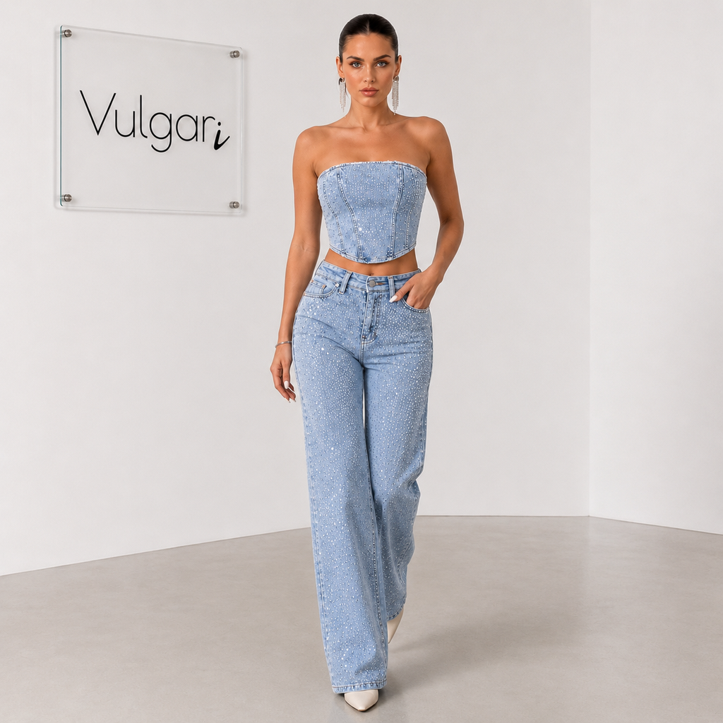 Compleu Damă Denim cu Pietre Diamond, Top Corset și Blugi Wide Leg, Albastru Deschis