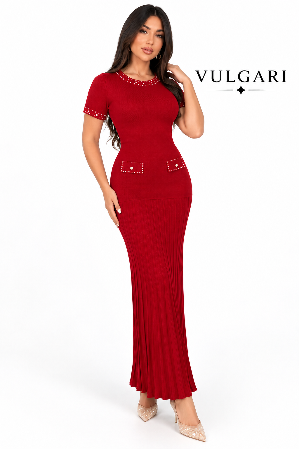Rochie maxi roșie cu perle decorative