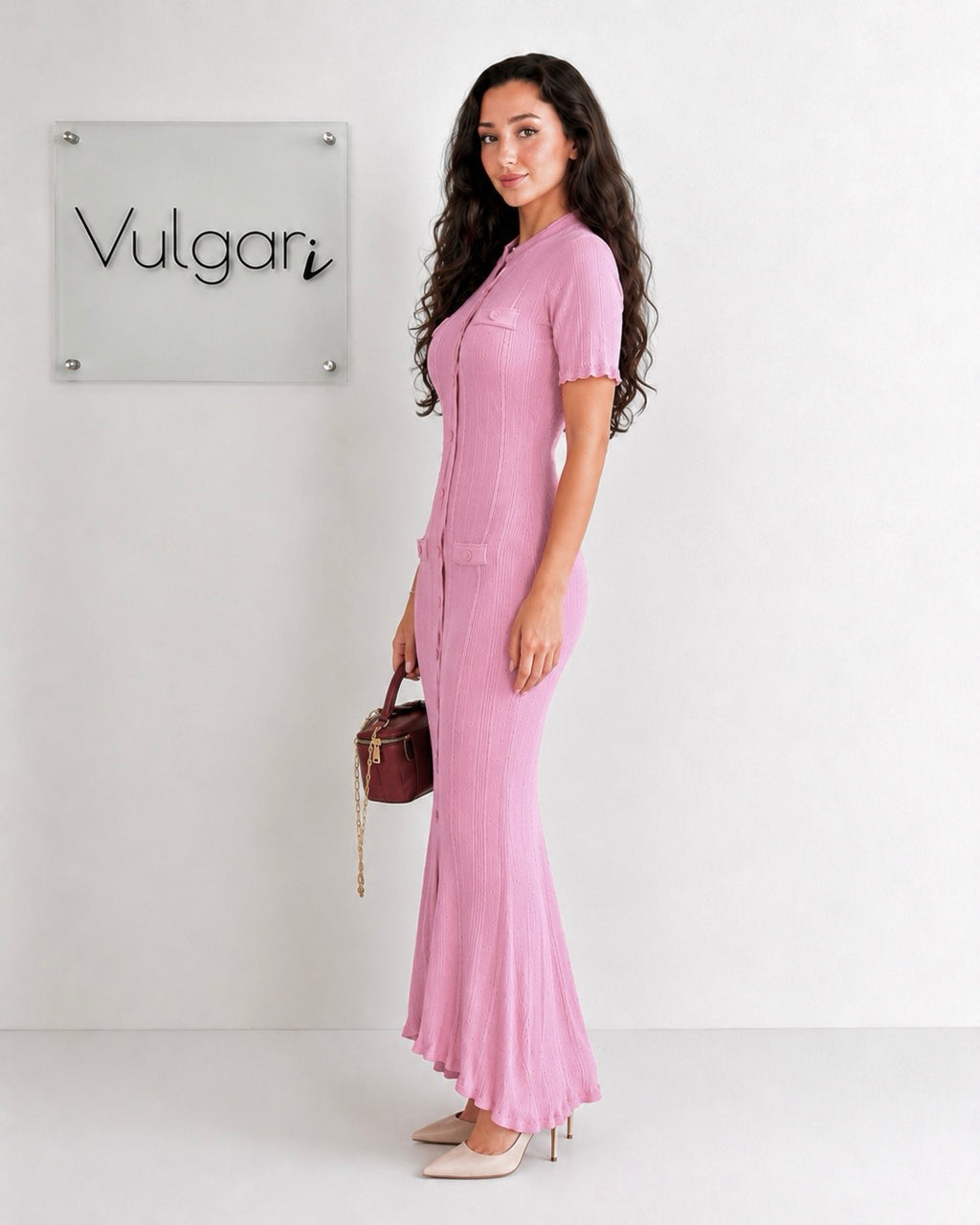 Rochie Lungă Damă Roz, Croială Mulată, Nasturi Decorativi, Elegantă de Vară
