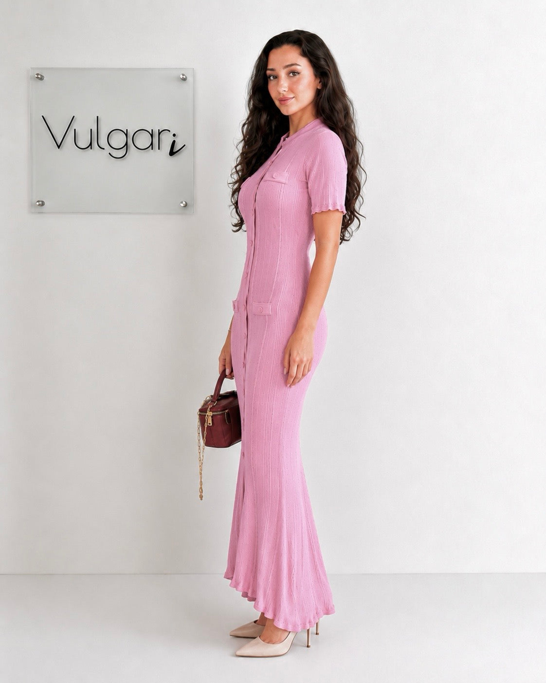 Rochie Lungă Damă Roz, Croială Mulată, Nasturi Decorativi, Elegantă de Vară