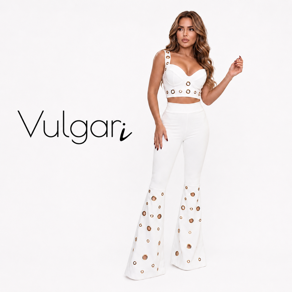 Compleu Damă Elegance Gold, Alb, Top și Pantaloni Evazați cu Detalii Aurii