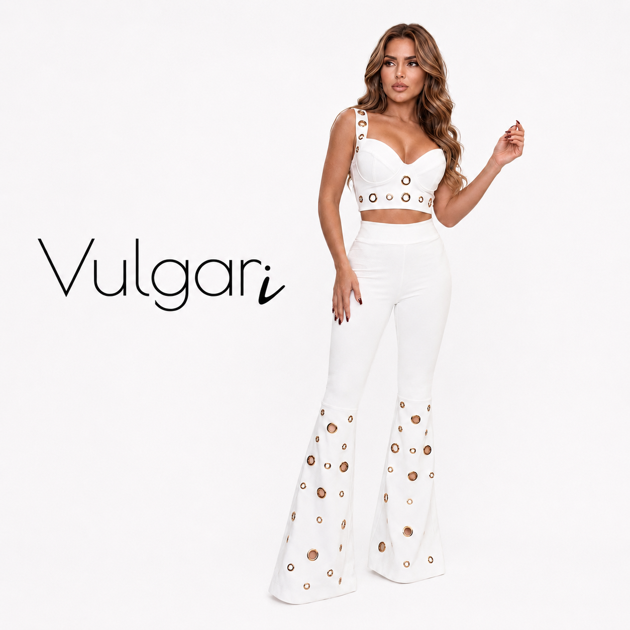 Compleu Damă Elegance Gold, Alb, Top și Pantaloni Evazați cu Detalii Aurii