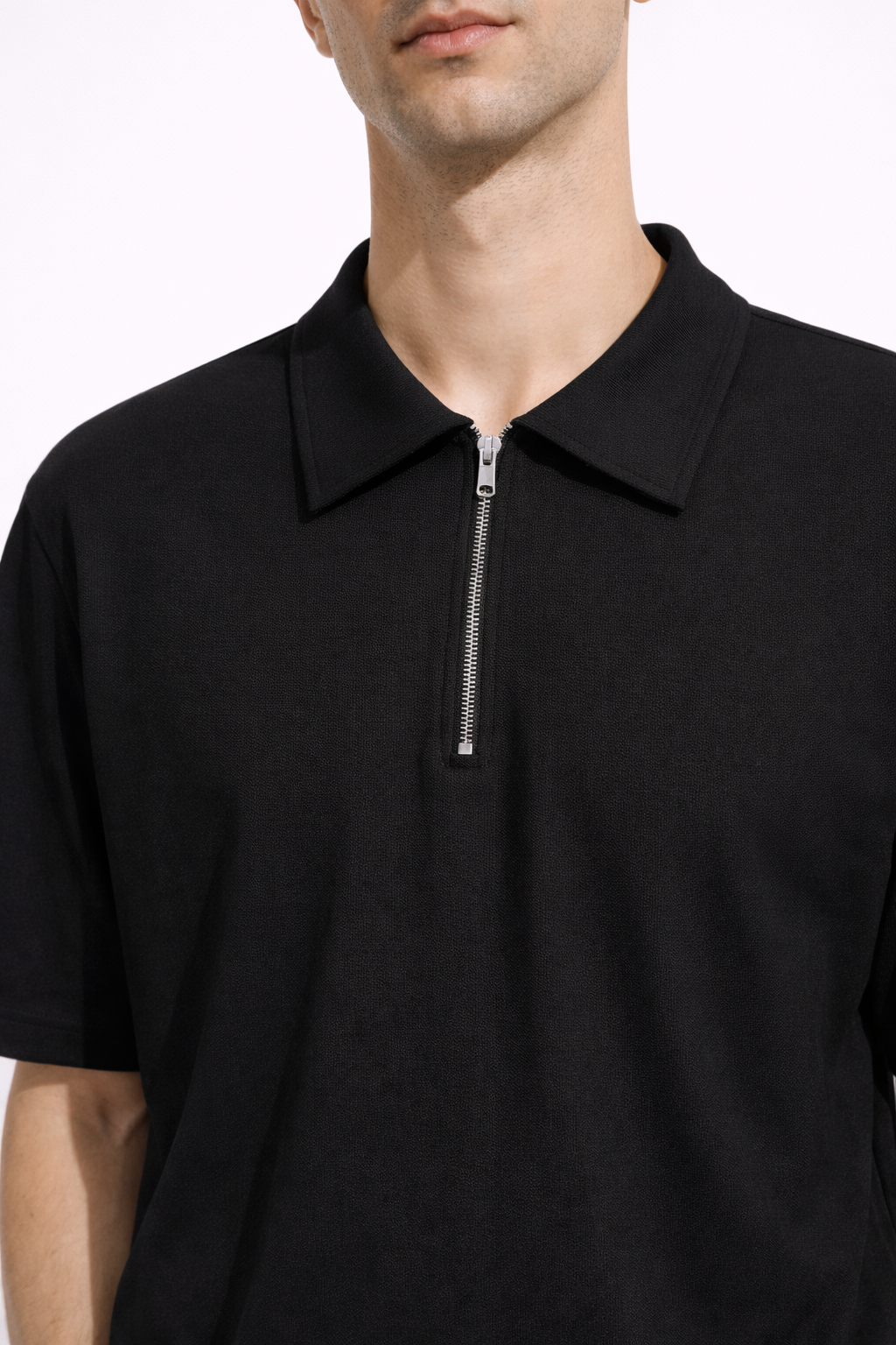 Tricou Polo Oversize Negru Bărbați – Casual cu Fermoar