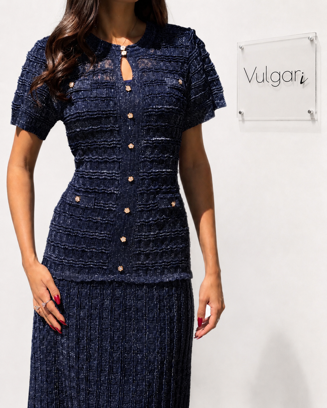 Rochie maxi bleumarin premium cu jupă interioară și nasturi decorativi