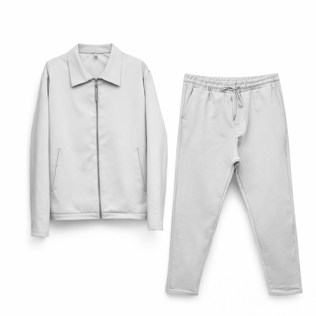 Compleu Casual Gri Bărbați – Jacheta cu Fermoar și Pantaloni Casual