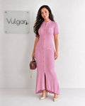 Rochie Lungă Damă Roz, Croială Mulată, Nasturi Decorativi, Elegantă de Vară