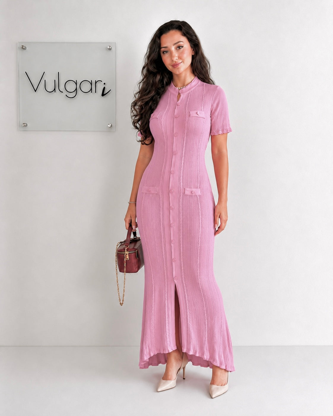 Rochie Lungă Damă Roz, Croială Mulată, Nasturi Decorativi, Elegantă de Vară