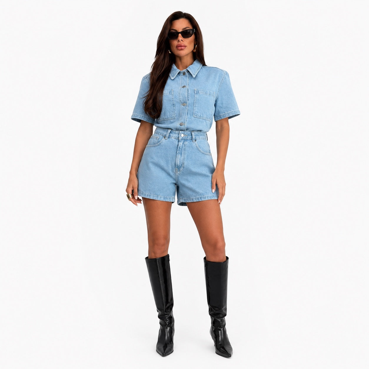 Compleu damă denim 2 piese, cămașă oversized și pantaloni scurți cu talie înaltă, albastru deschis
