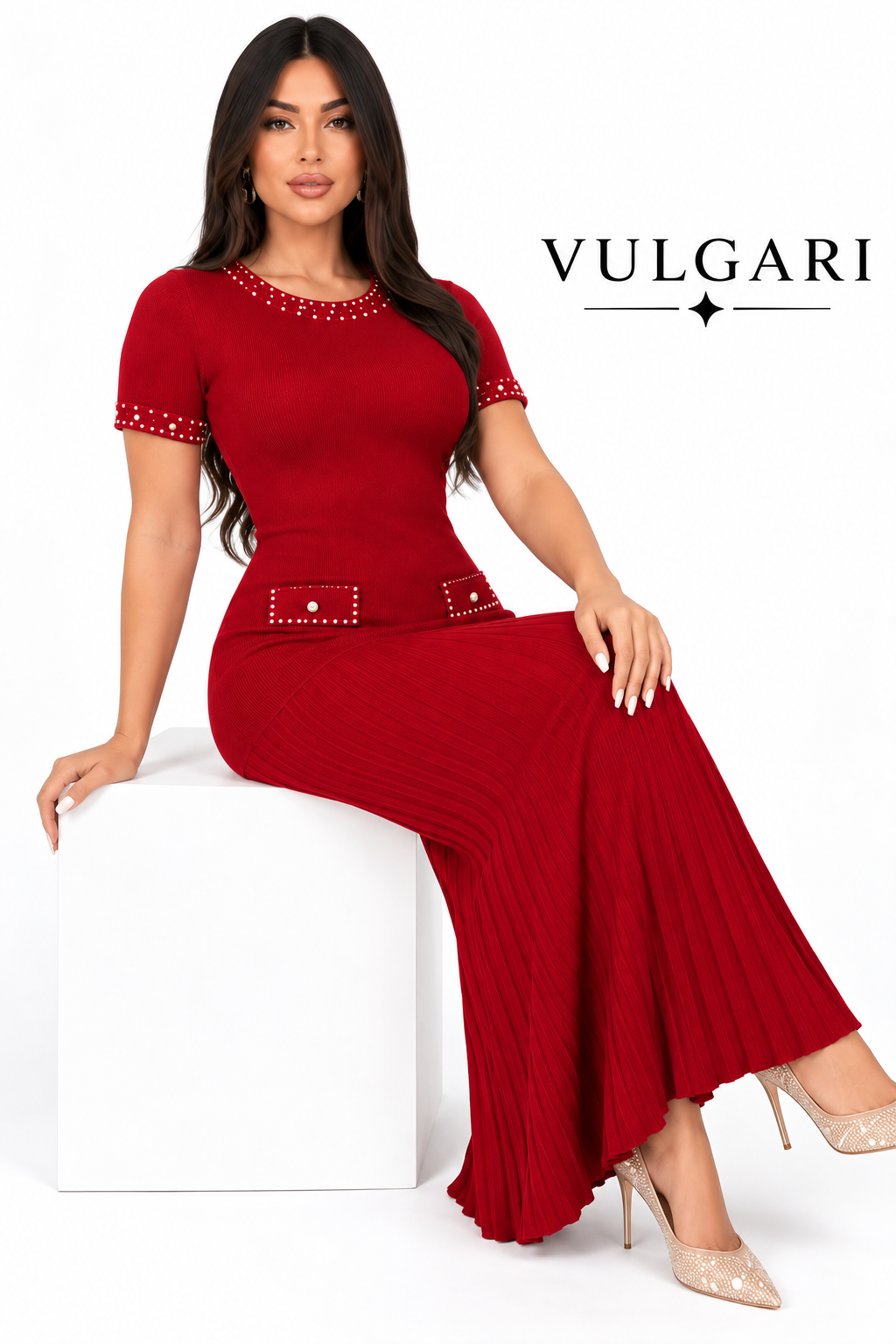 Rochie maxi roșie cu perle decorative