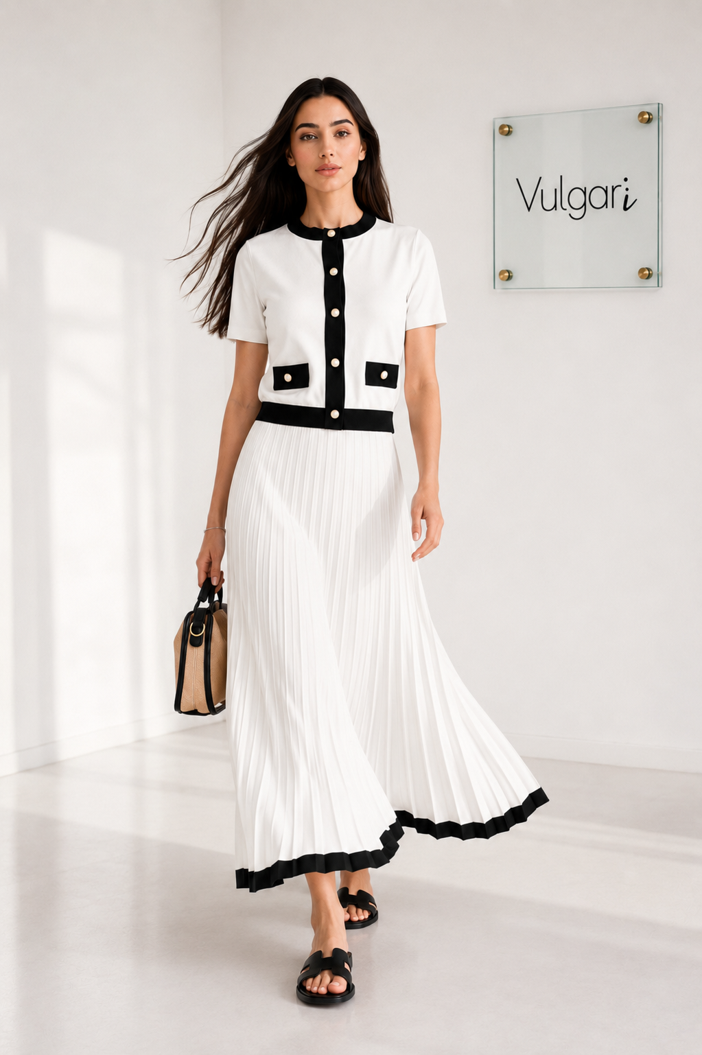 Compleu Damă Elegant Alb-Negru, Bluză cu Nasturi Perla și Fustă Maxi Plisată, Set 2 Piese