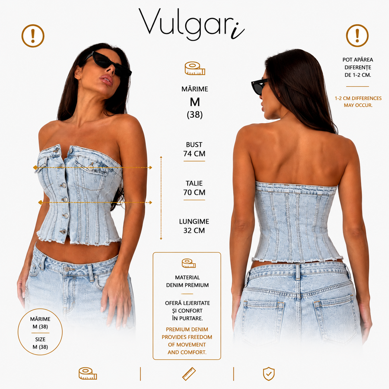 Top damă tip corset din denim, fără bretele, albastru deschis, cu nasturi frontali