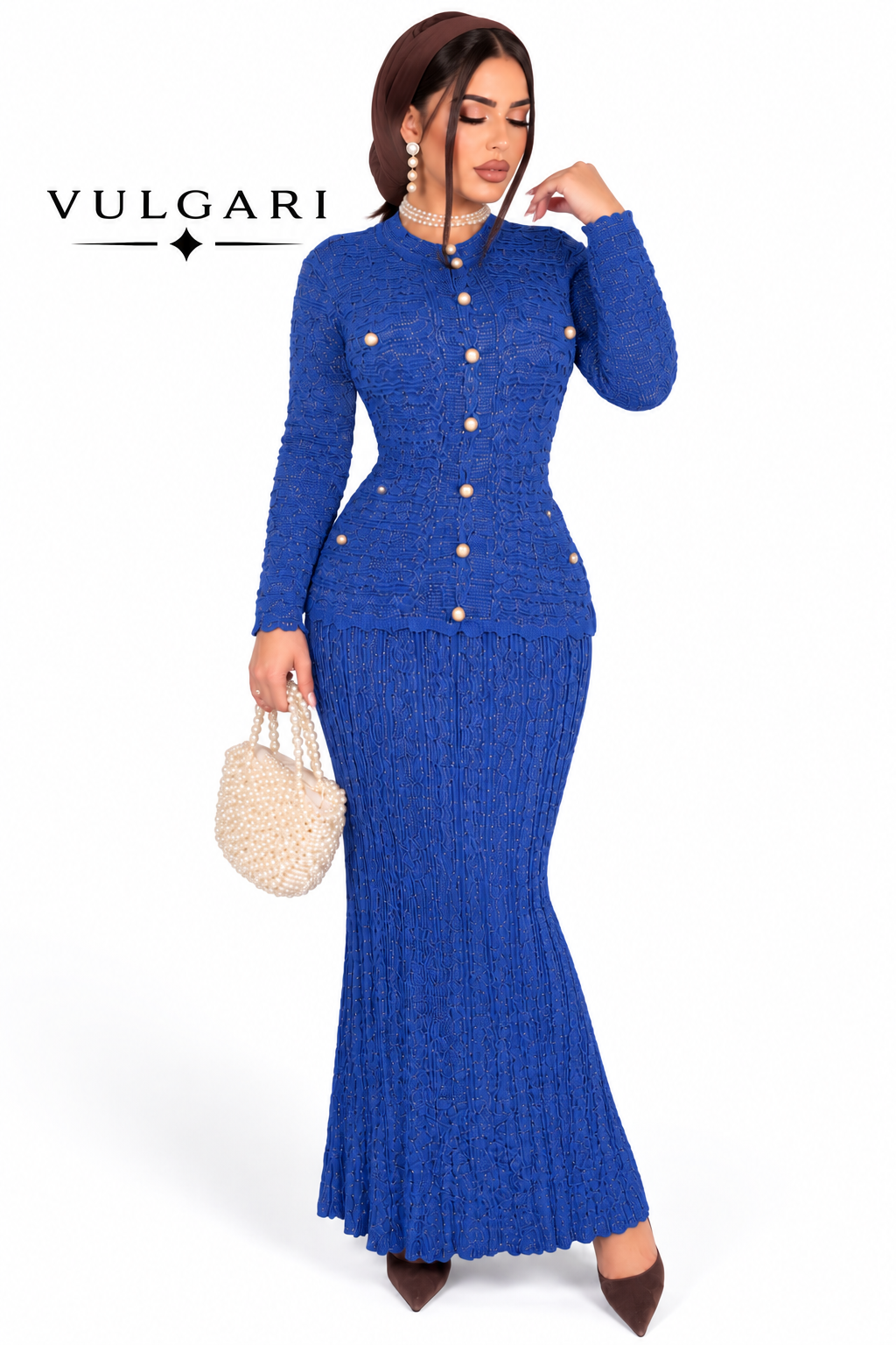 Rochie maxi bleumarin texturată cu nasturi perlați