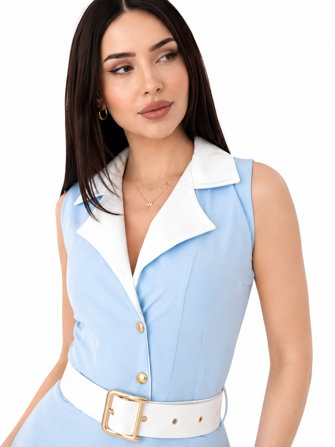 Rochie dama eleganta midi cu curea inclusa, fara maneci, croi clos, albastru deschis cu alb, office, casual, de ocazie