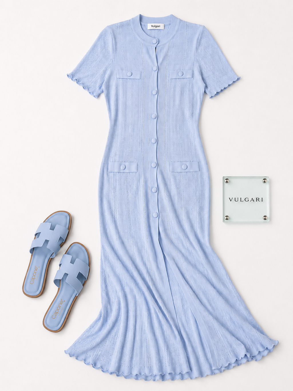 Rochie Lungă Damă Bleu Deschis, Tricot Subțire de Vară, Croială Mulată, Nasturi Decorativi