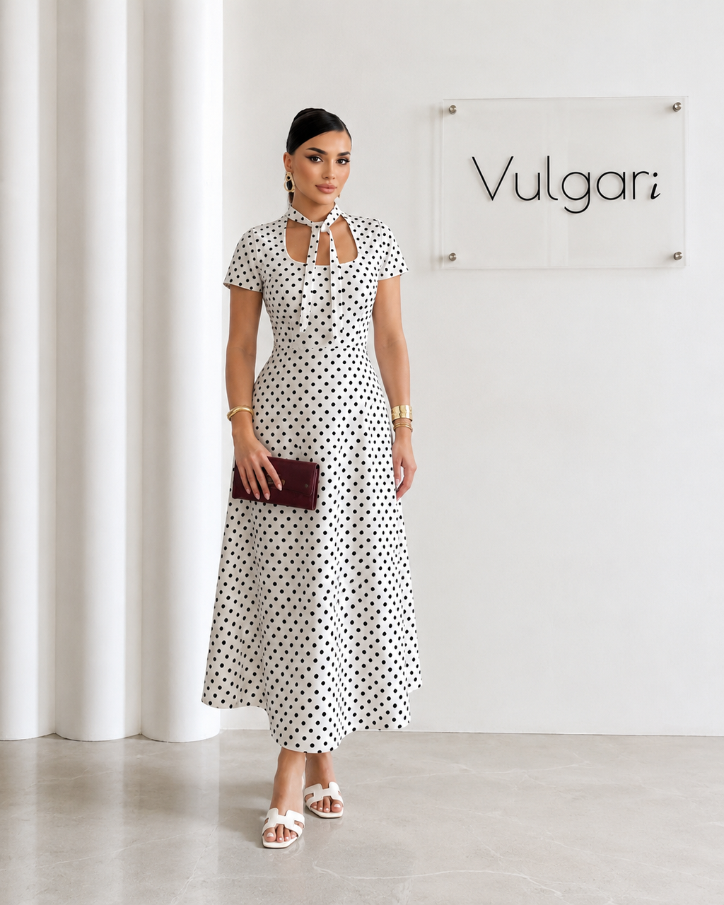 Rochie Midi Ivory cu Buline Negre – Eleganță Clasică & Guler Tip Eșarfă