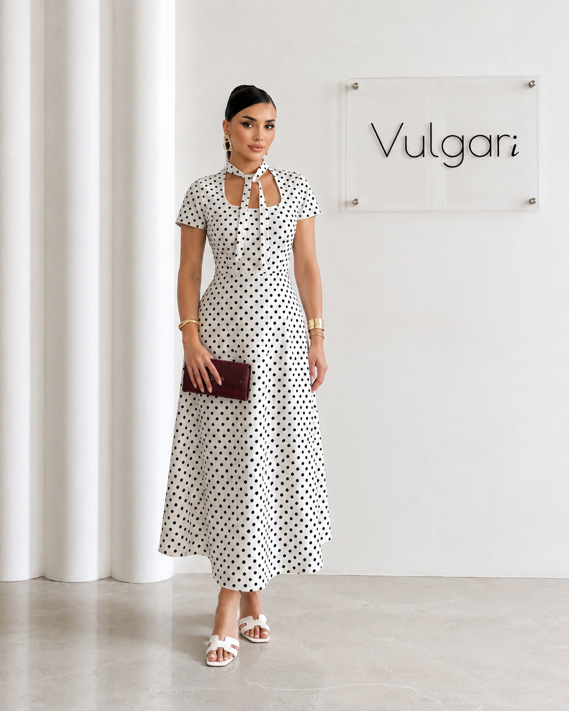 Rochie Midi Ivory cu Buline Negre – Eleganță Clasică & Guler Tip Eșarfă