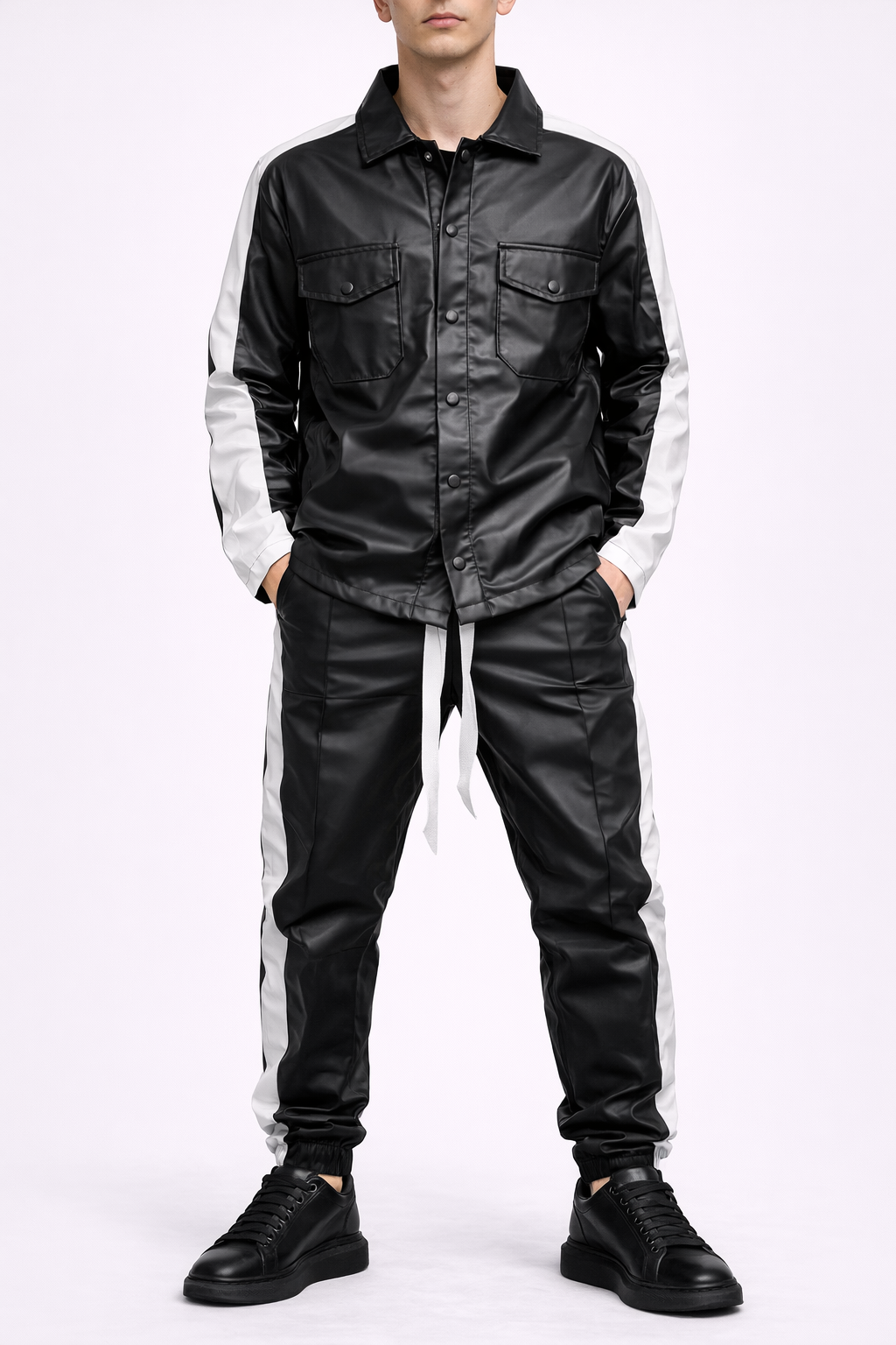 Set UNISEX Piele Ecologică Negru – Cămașă și Pantaloni Fashion Casual