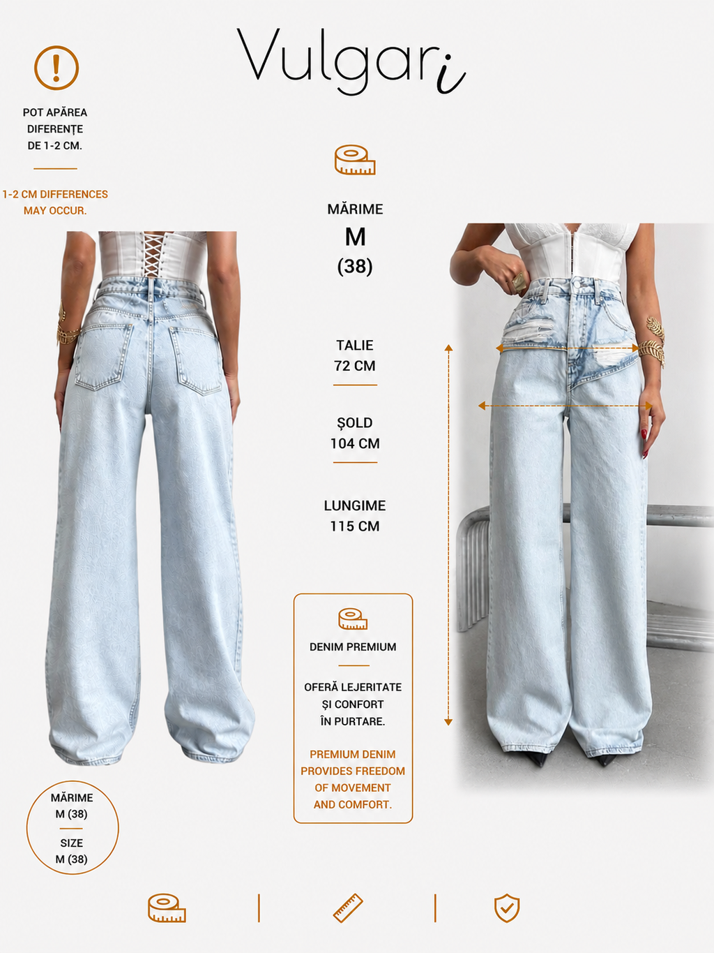 Set Damă Denim Vulgari, Top Corset din Blugi și Pantaloni Wide Leg, Talie Înaltă, Albastru Deschis