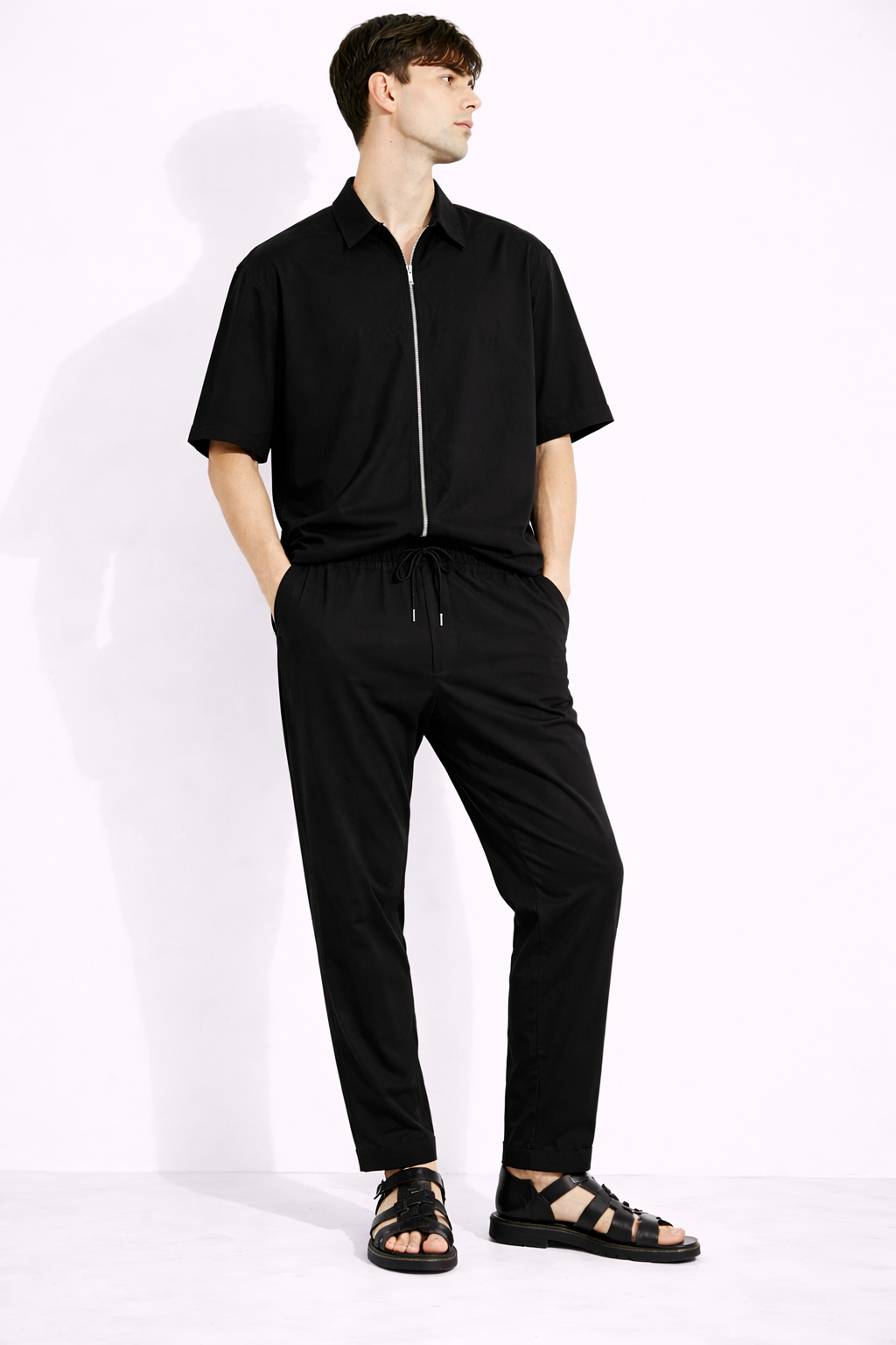 Compleu Bărbați Casual Tricou cu Fermoar și Pantaloni Lungi, Set Două Piese Negru