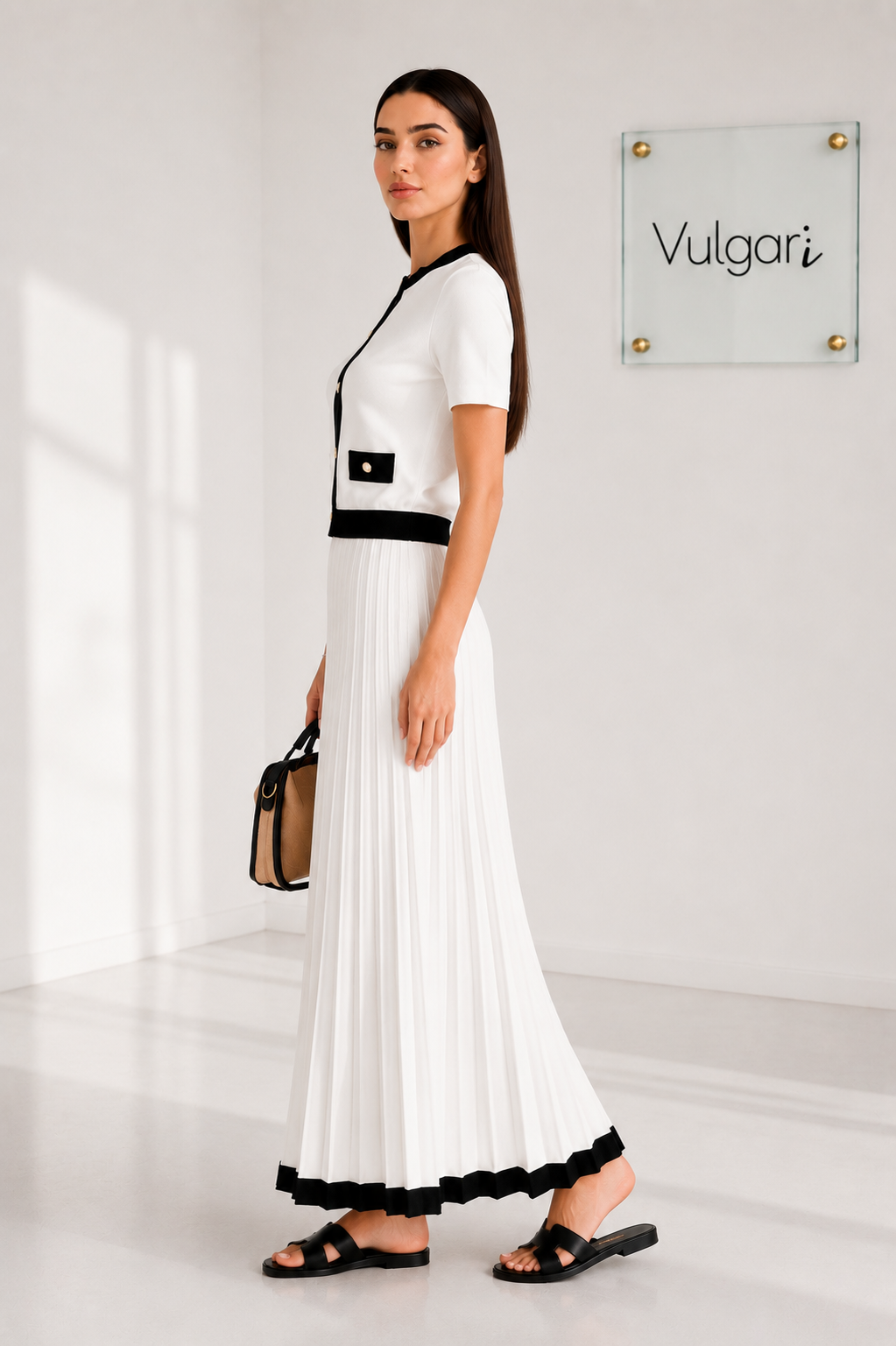 Compleu Damă Elegant Alb-Negru, Bluză cu Nasturi Perla și Fustă Maxi Plisată, Set 2 Piese