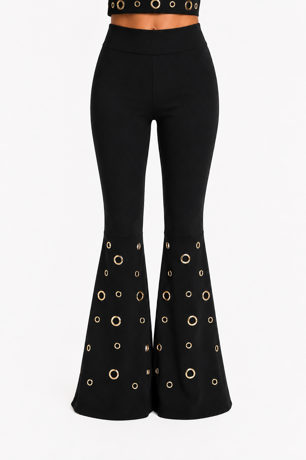 Compleu Damă Elegance Gold, Negru , Top și Pantaloni Evazați cu Detalii Aurii