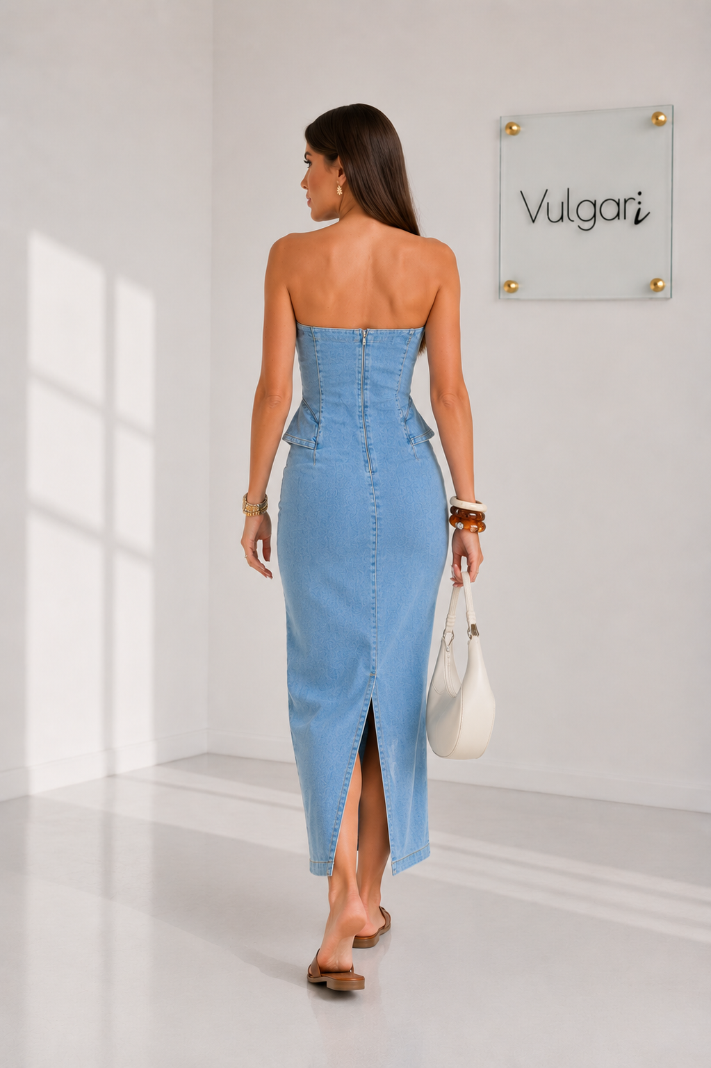 Rochie Lungă Damă din Denim Bleu, Fără Bretele, Croială Mulată, Elegantă de Vară