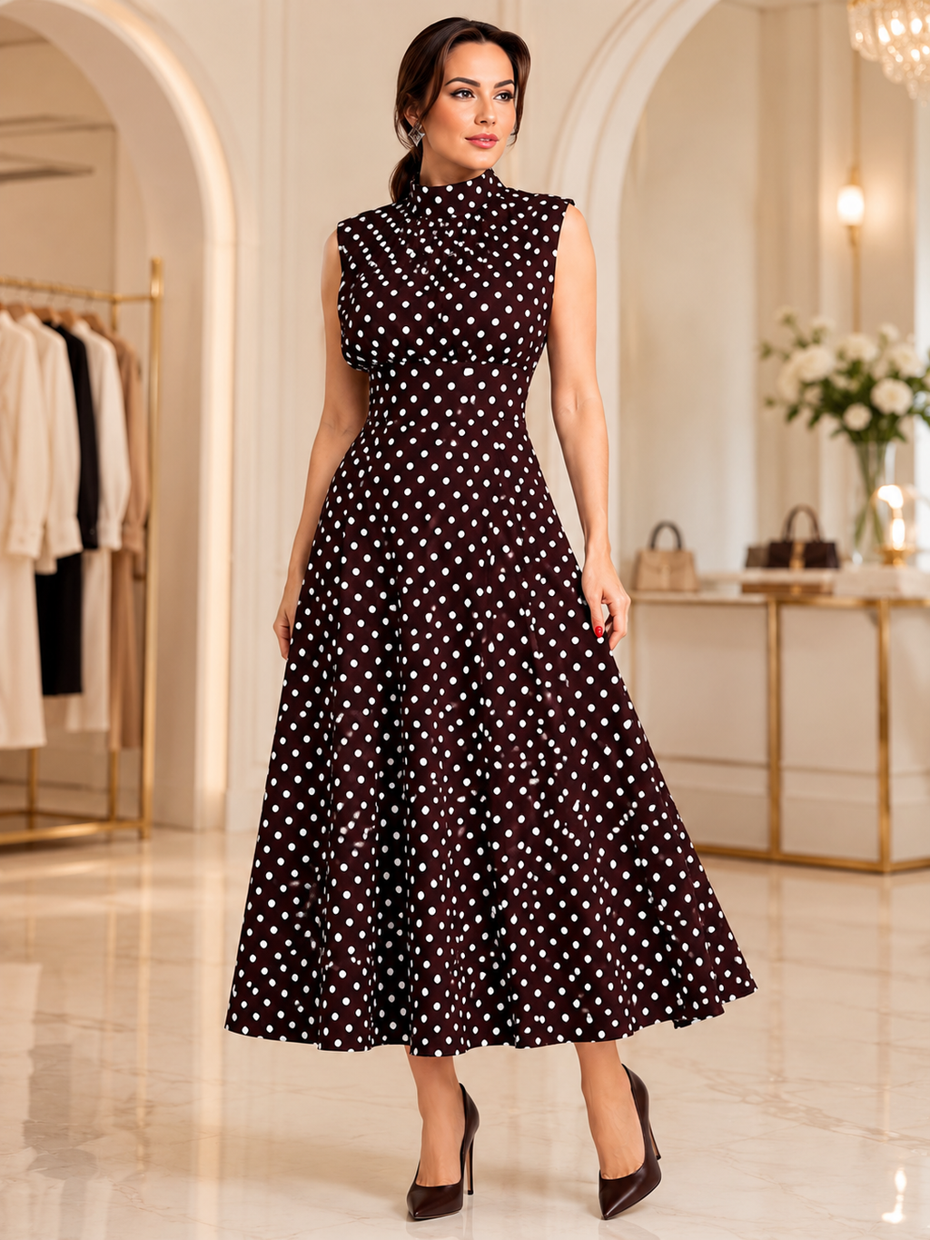 Rochie dama eleganta midi cu buline, fara maneci, croi clos, guler inalt, maro cu buline albe, casual, office, de ocazie