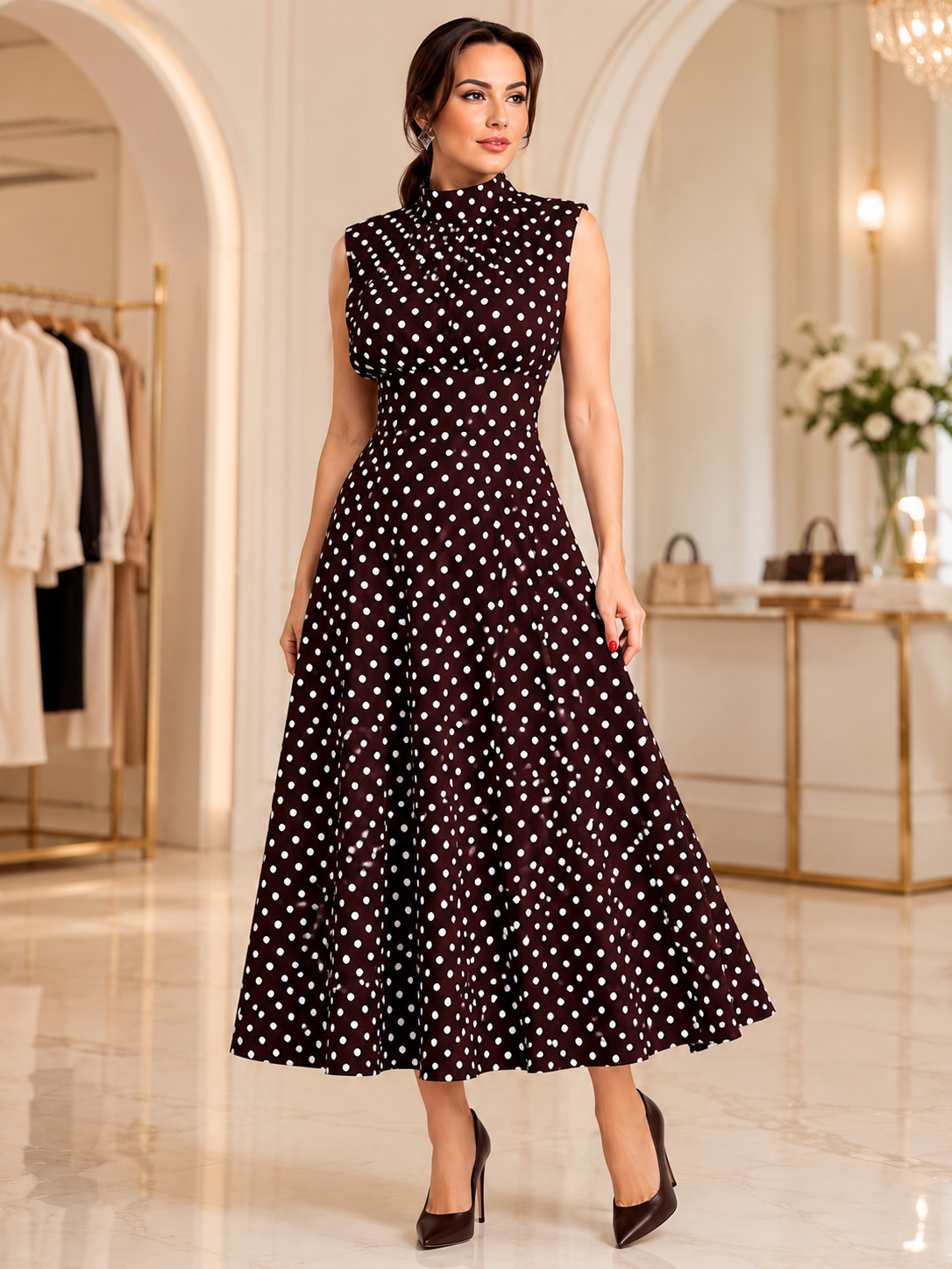 Rochie dama eleganta midi cu buline, fara maneci, croi clos, guler inalt, maro cu buline albe, casual, office, de ocazie