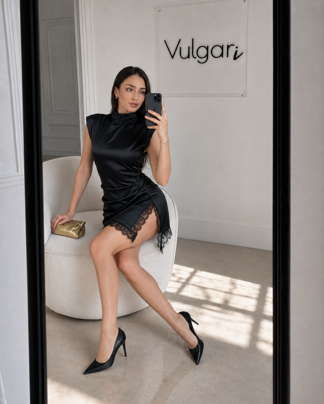 Rochie mini elegantă din satin negru cu dantelă și drapaj